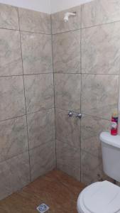 a bathroom with a shower stall with a toilet at Cabaña Piedra Blanca in San Rafael