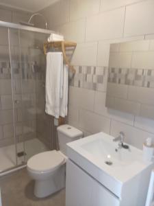 a bathroom with a toilet and a sink and a shower at DF Alojamentos e suites in Coimbra