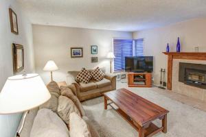a living room with a couch and a tv at Fireside Pool Access Hot Tub & More in Mammoth Lakes