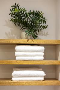 a wooden shelf with towels and a potted plant at Ocean view - Studio in front of Nuevo Vallarta beach in Nuevo Vallarta 