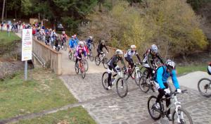 a group of people riding bikes on a bridge at Albergue Irugoienea in Espinal-Auzperri