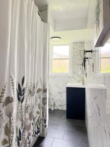 Un baño con cortina de ducha y lavabo. en Riverside Retreat Apartments, en Evansville 107 fotos más