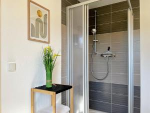 a bathroom with a shower with a vase on a table at Apartment EverydayGood Erholung-Stadtnah-Anbindung-Einkauf-Biergarten in Salzweg