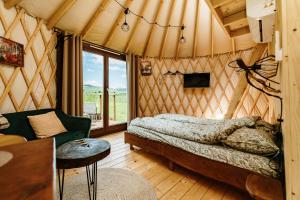 a bedroom with a bed and a couch in a room at Jurty za winklem ze strefą SPA in Rudnica