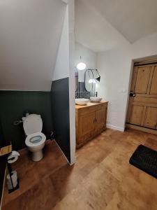 a bathroom with a toilet and a sink at Maison en pierre avec piscine in Ribes
