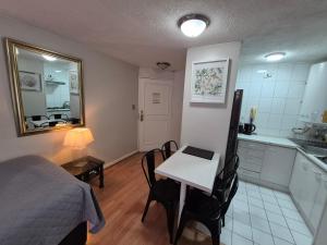 ein Schlafzimmer mit Bett und Tisch und eine Küche in der Unterkunft Entrehoteles Suites in Santiago