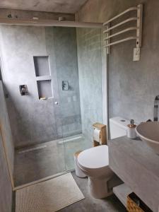 ランショ・ケイマードにあるTiny House em Taquaras, Rancho Queimadoのシャワー、トイレ、洗面台を備えたバスルーム