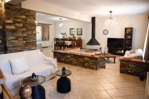 Una sala de estar con un sofá y una chimenea. en Olympus Leptokaria’s Luxurious Villa, en Leptokarya