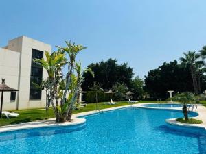 a large blue swimming pool with palm trees next to a building at Calma y Golf in Santa Faz