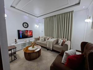 a living room with a couch and a tv at Serene BnB - Apt 05 Makongo after Mlimani City in Dar es Salaam