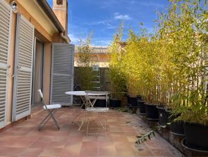 a patio with a table and some potted trees at Agréables Chambres Centre-Ville Aix in Aix-en-Provence