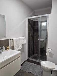 a white bathroom with a shower and a toilet at Tranquil Haven Suites in Gaborone
