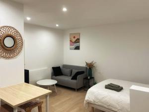 a room with a bed and a couch and a table at Charmant T1 bis in Mérignac