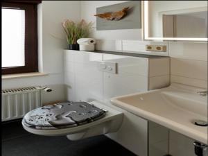 a white bathroom with a toilet and a sink at Haus Freigeist - zum Gartenblick in Neinstedt