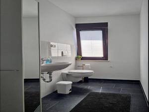 a bathroom with a sink and a toilet at Haus Freigeist - zum Wanderer in Neinstedt
