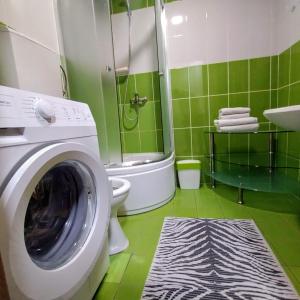 a bathroom with a washing machine and a shower at Knez in Požarevac +8 photos