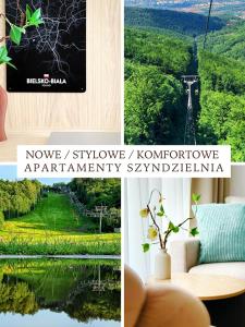 eine Fotocollage mit einer Gondel und einem Zimmer mit einer Couch in der Unterkunft APARTAMENTY SZYNDZIELNIA 2 POKOJE & BALKON & PARKING & ROWEROWNIA WORKATION Home OFFICE - NOWA NAJLEPSZA BAZA WYPADOWA W BESKIDY in Bielsko-Biała