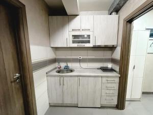 a small kitchen with a sink and a microwave at Apartmani Kristina & Kriss in Užice