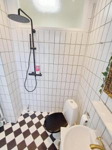un baño con inodoro y ducha en Exclusive Luxury Apartment in the Heart of Aalborg, en Aalborg 5 fotos más