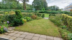a garden with bushes and grass and flowers at Antonia s quality apartment 1 in Viborg