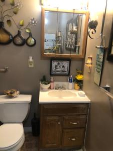 Un baño con inodoro, lavabo y espejo. en Suite Serenity, en Cleveland 1 foto más