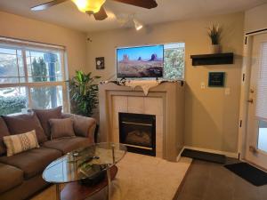 アボッツフォードにあるBeautiful Mountain Retreat with a Viewのソファと暖炉のあるリビングルーム