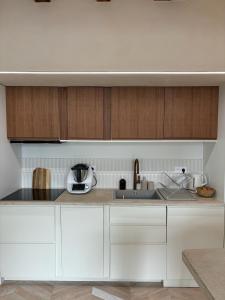 Una cocina con gabinetes blancos y un fregadero. en Duplex proche de Genève, en Cessy