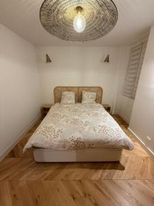 Un dormitorio con una cama y una lámpara de araña. en Duplex proche de Genève, en Cessy