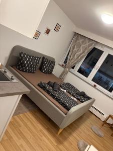 a couch with pillows in a room with a window at Steffies Appartement three in Groß-Gerau