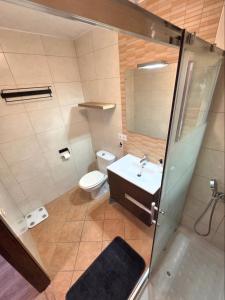 a bathroom with a toilet and a sink and a shower at "Ancla-Blanca" Ocean View Duplex 2min Beach Cabo Roig - La Zenia in Orihuela Costa +34 photos