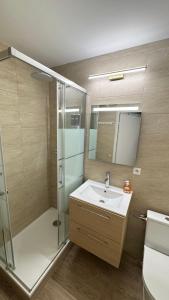 a bathroom with a sink and a shower at Studio cosy aux portes de Geneve in Ferney-Voltaire