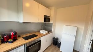 a kitchen with a white refrigerator and a counter at Studio cosy aux portes de Geneve in Ferney-Voltaire