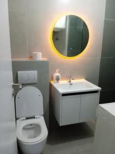 a bathroom with a toilet and a sink and a mirror at Pristhine Stay Inn 21 in Prishtinë