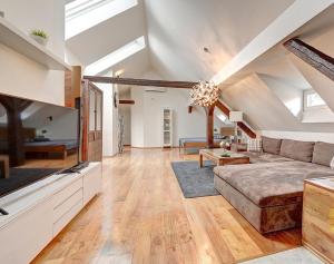 a living room with a couch and a tv at PENTHOUSe SUITE ABOVE in Prague