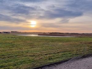 a sunset over a field with a body of water at 14 person holiday home in Løkken in Løkken