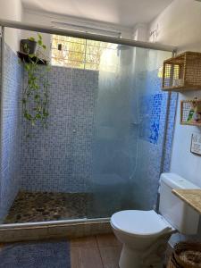 a bathroom with a shower with a toilet at Loft Sol Nascente in Itacaré +23 photos