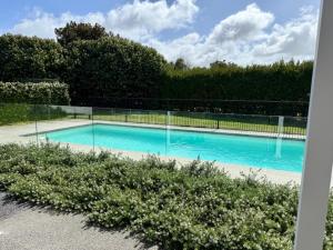 TamahereにあるRelax Enjoy the Pool Tamahere Houseの柵と茂みのある青いプール