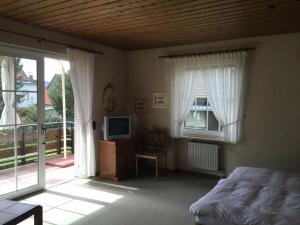 a bedroom with a bed and a television and a balcony at Haus Roswita in Bad Harzburg