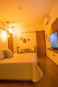 um quarto de hotel com uma cama e uma televisão em Cabana da Mari em Fernando de Noronha