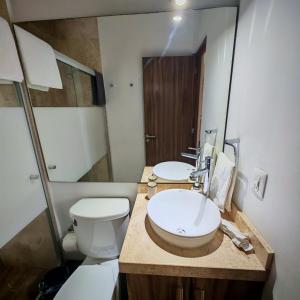 a bathroom with a sink and a toilet and a mirror at Brick Box Loft con Balcon in Hércules +30 photos