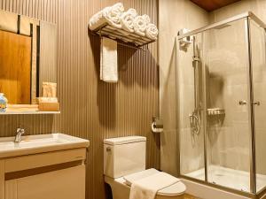 a bathroom with a shower and a toilet and a sink at LasCalas Resort and Luxury Estate in Dasol
