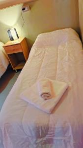 a bed with a white blanket on top of it at Departamento ITATI in General Alvear +3 photos