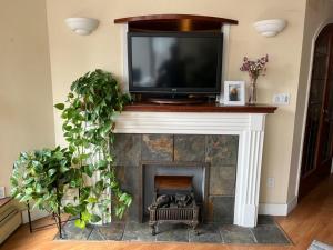 een open haard met een flatscreen-tv bij Harbor Light-Modern 1BR King-Complete Unit in Vancouver