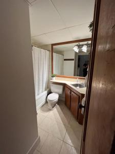 een badkamer met een toilet, een wastafel en een spiegel bij Harbor Light-Modern 1BR King-Complete Unit in Vancouver