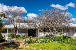 a white house with trees and flowers in the yard at Sabo’s On Severn in Fletcher