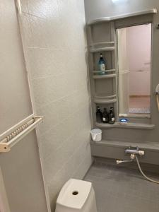a small bathroom with a toilet and a window at 戸隠の小さな民宿,民泊,ゲストハウス神社神社参拝スキーBreath in Earth in Nagano +47 photos