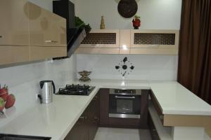 a kitchen with a stove and a counter top at Tskaltubo Apartment Mirian Mepe in Tsqaltubo