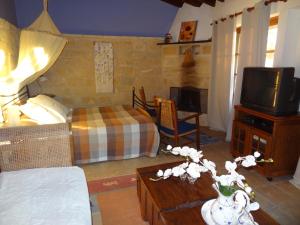 ein Wohnzimmer mit einem Bett und einem TV in der Unterkunft Oinochori in Vouni