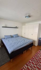 a bedroom with a bed with blue sheets and a rug at Sentrumsnær sokkelleilighet in Bardu