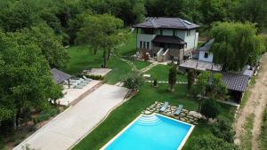 an aerial view of a house with a swimming pool at Mosia Vasiloaica in Pleaşa